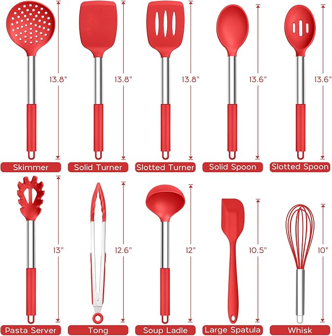 Onader 10 Pieces Silicone Kitchen Utensils Set, Cooking Utensils with Holder and Heat Resistant Stainless Steel Handle for Nonstick Cookware -Red