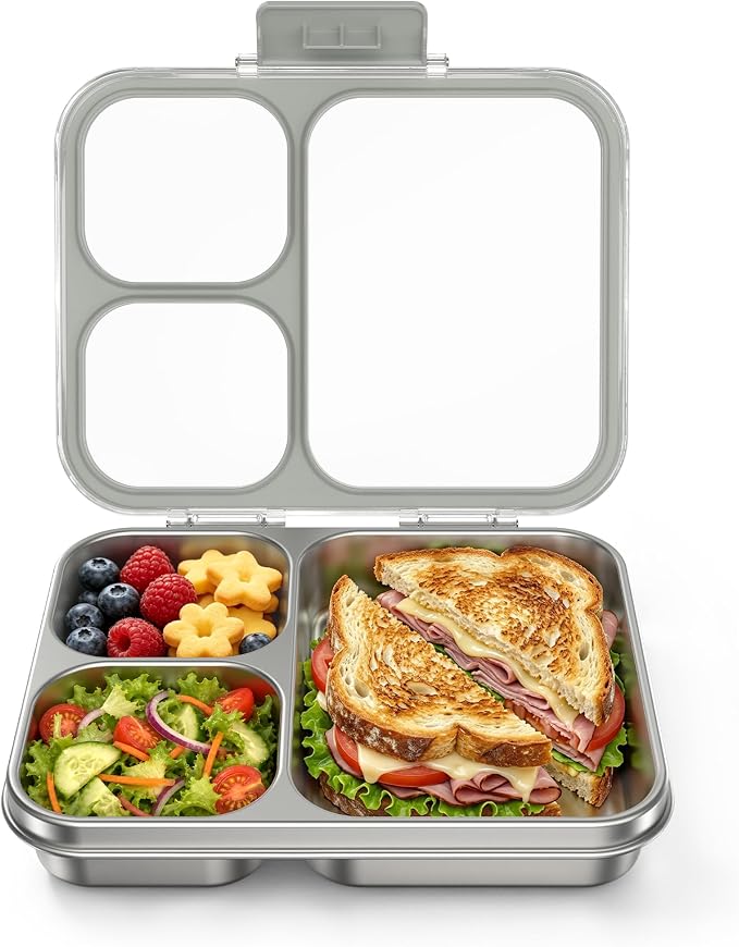 HOMEKOL Stainless Steel Bento Lunch Box 3-Compartment, 4.2Cups, Grey | Leak-Proof Metal Lunch Container for Kids & Adults, BPA-Free, Dishwasher Safe, Clear Tritan Lid, 1000ml (Not Insulated)