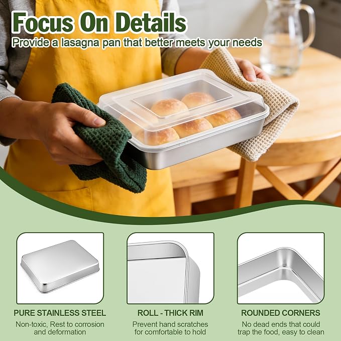 TeamFar Baking Pan with Lid, 9.3" x 7" Rectangule Cake Pan- 1Pan +1 Lid | Stainless Steel Lasagna Pans with Covers for Cake Brownie Casseroles, Birthday Party Outdoor, Healthy, Oven & Dishwasher Safe