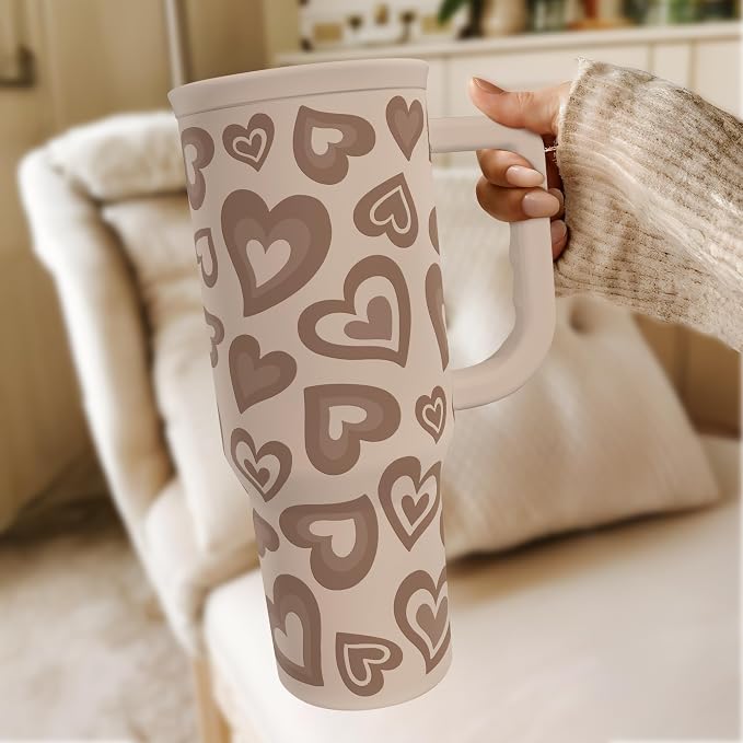 SANDJEST Heart Tumbler with Handle and Straw 40oz – Stainless Sleel Slider Tumbler Travel Coffee Mug for Women - Gift Idea for Birthday Christmas Valentine's Day