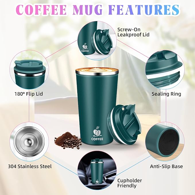 17oz Insulated Travel Coffee Mug with Flip Lid – Leakproof Stainless Steel Insulated Coffee Tumblers, Reuable Coffee Cup for Hot & Cold Drinks, Perfect for Camping & On-the-Go