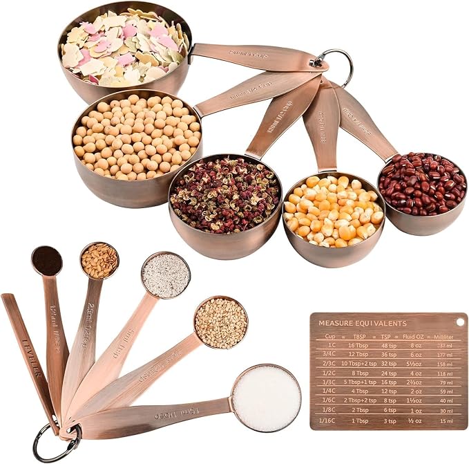 Measuring Cups and Spoons Set, 12 Pieces Stainless Steel Measuring Cup Set, Metal Copper Measuring Cups Spoons, Dry & Liquid Kitchen Measure Cup Spoon & Leveler & Measure Equivalents