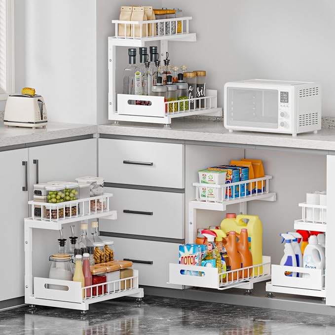 L-Shaped Under Sink Organizer, 2-Tier Pull-out Cabinet Rack 1-Pack | White Height-Adjustable Metal Rack, Sliding Grid Drawers with Safety Stopper, Holds 100 Lbs, Ideal Kitchen Cabinet Storage