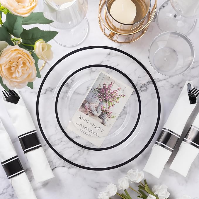 700 Pcs Clear Plastic Plates with Black Rim, Plastic Dinnerware | Disposable Plates for 100, Includes 200 Plates, 100 Pre Rolled Napkins with Cutlery Sets, 100 Cups, for Graduation Party