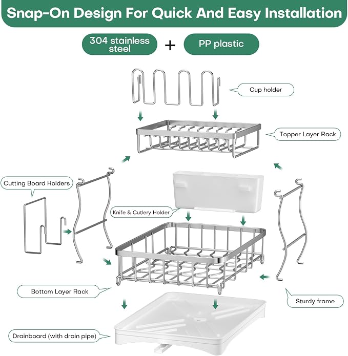 2 Tier Dish Drying Rack,Stainless Steel Dish Rack For Storing Knife Fork Pots&Pans,Dish Drying Rack With Drain Tray For Kitchen Countertops/Sinks,Silver Tiered Dish Rack With Retractable Drain Outlet