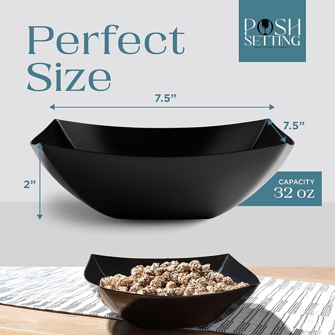 4 Pack Disposable Black Plastic Serving Bowls Square Party Candy Use 32oz | Square Design. Disposable Party Tableware. Salad, Fruit & Candy Use. Candy Buffet Containers. Black Plastic.