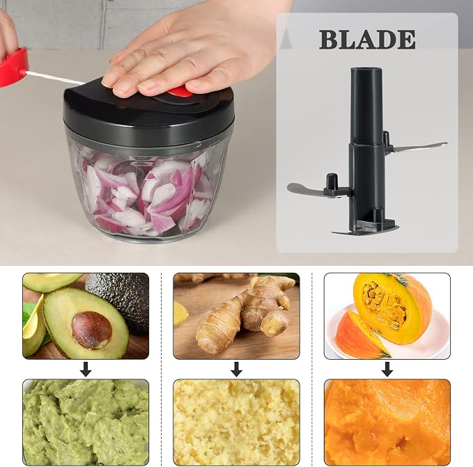 Cambom Manual Food Chopper Vegetable Cutter, Hand String Vegetable Chopper Onions Cutter for Vegetable Fruits Nuts BPA Free Food Safe Material, 650ml Black