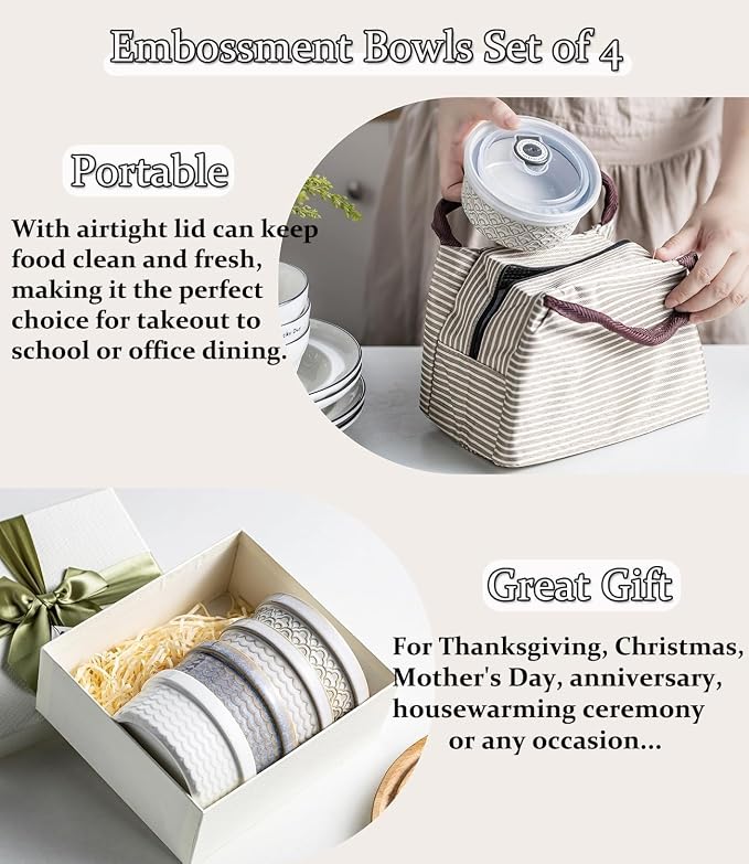 40 Oz Ramekins Ceramic Airtight Bowls Set of 4 - Large Mixing Bowls with Lids Set for Salad, Pho, Soup, Pasta, Dessert, Serving, Oatmeal, Baking Dishes, Dishwasher & Microwave Safe, Beige