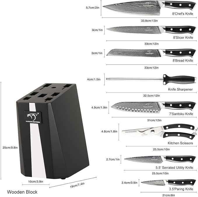 NANFANG BROTHERS Damascus Knife Set, 9-Piece VG10 Kitchen Knives | with Block