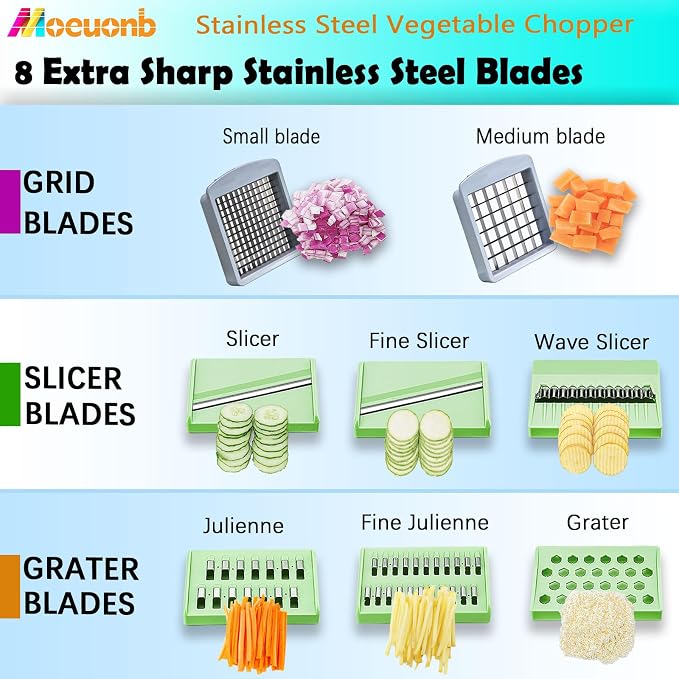 All-in-1 Vegetable Chopper with 8 Blades - Mandoline Slicer-Pro Food Chopper with Container - Veggie Salad Onion Chopper - Potato Dicer French Fry Cutter - Cheese Grater - Stainless Steel material