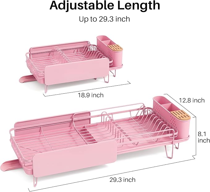 SNTD Large Dish Drying Rack for Kitchen Counter, Expandable, Pink | Stainless Steel Dish Drainer, Adjustable Length 18.9''-29.3'', Automatic Drainage, 360° Spout, Cutlery Holder with Knife Slot