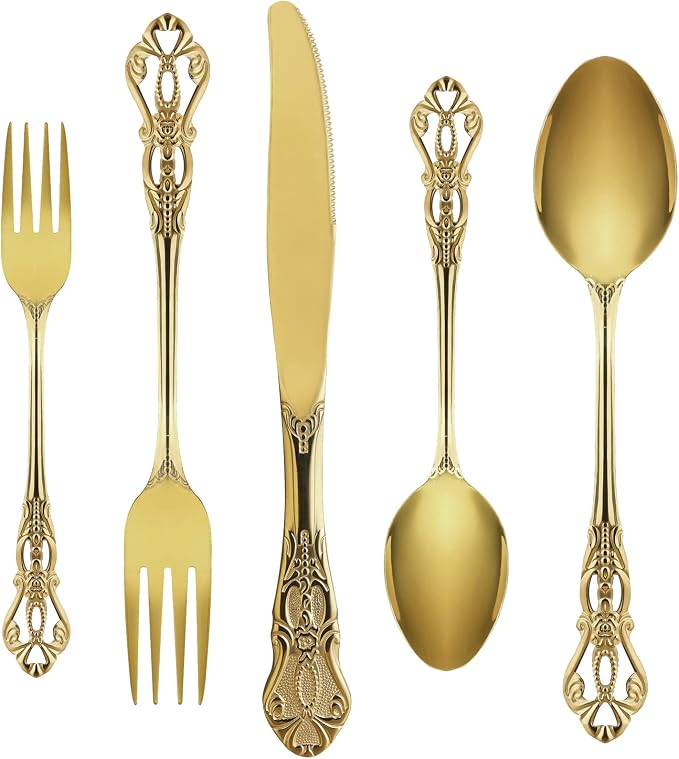 Gold Silverware Set for 4, Stainless Steel Gorgeous Retro Royal Flatware Set, 20-Pieces Cutlery Tableware set, Kitchen utensils set Include Spoons And Forks Set, Mirror Finish, Dishwasher Safe