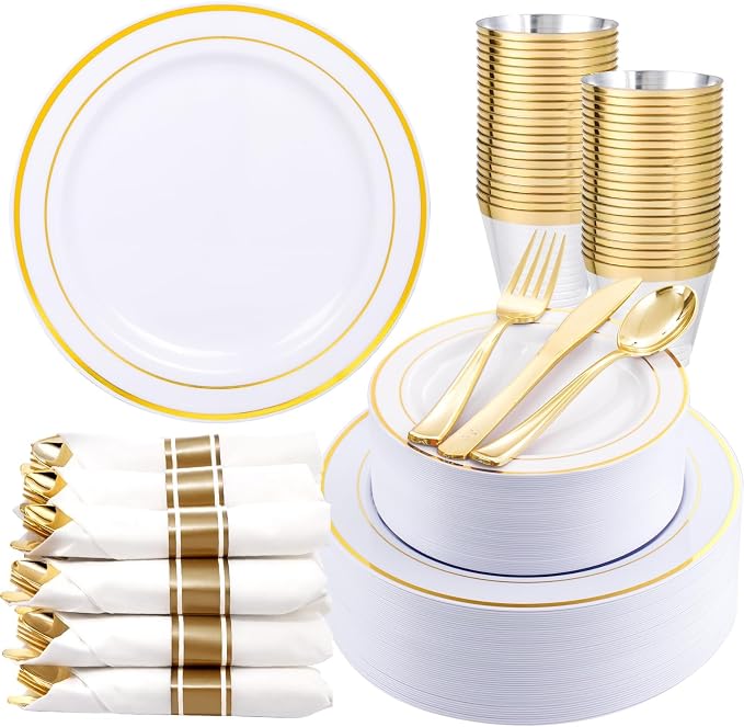 350Piece Gold Dinnerware Set for 50 Guests - Gold Plastic Plates with Disposable Cutlery - 50Dinner Plates-50Dessert Plates-50Pre Rolled Napkins with Silverware for Wedding/Birthday