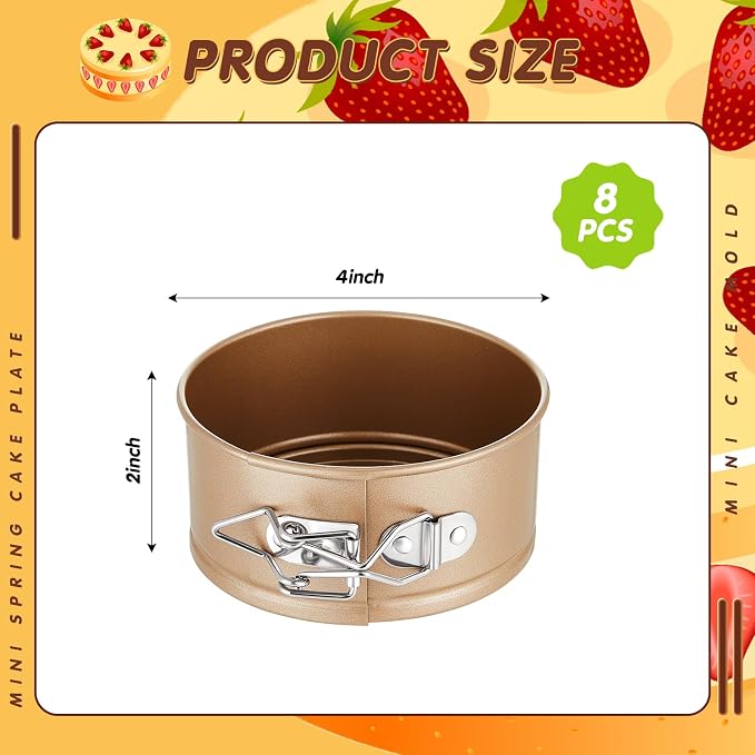 8 Pcs 4 Inch Springform Pan for Baking Mini Cheesecake Pans with Removable Bottom Nonstick Leakproof Round Cake Mold Spring Form Molds for Mini Cheesecake Pizza and Quiches (Gold)