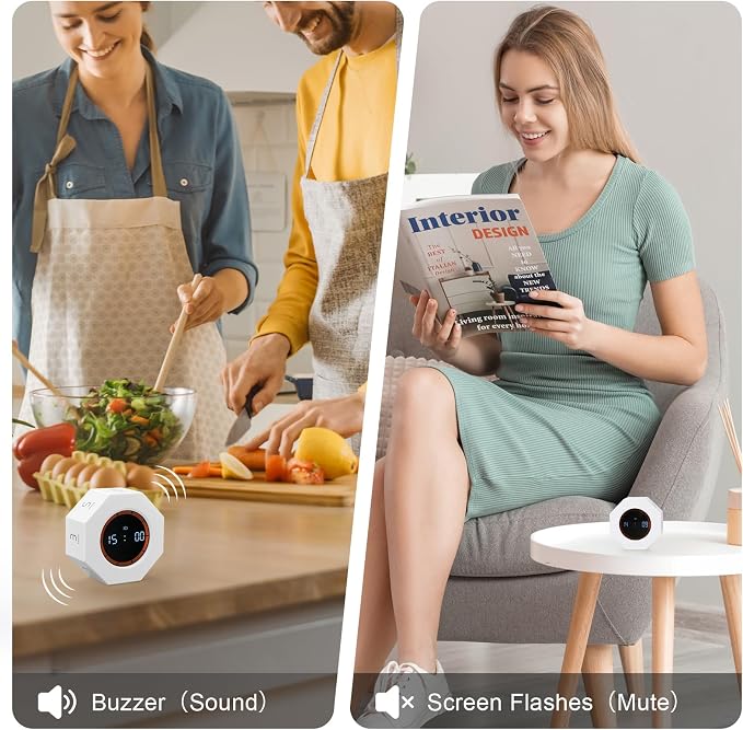 Rechargeable Pomodoro Timer, Small Gravity Timer (Pearl White) | Seven Preset Flip Times (1/3/5/15/30/60/90 min) and Count-Up Mode: Digital Kitchen Timer for Cooking, Work, and Study