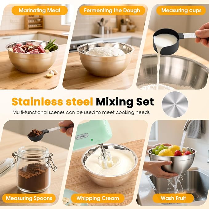 Lord Eagle 5-Speed Hand Mixer Electric With 4 Mixing Bowls Set | 300W Lightweight Kitchen Handheld Mixer with Measuring Cups & Spoons, Stainless Steel Bowls, Baking Supplies for Cake, Green