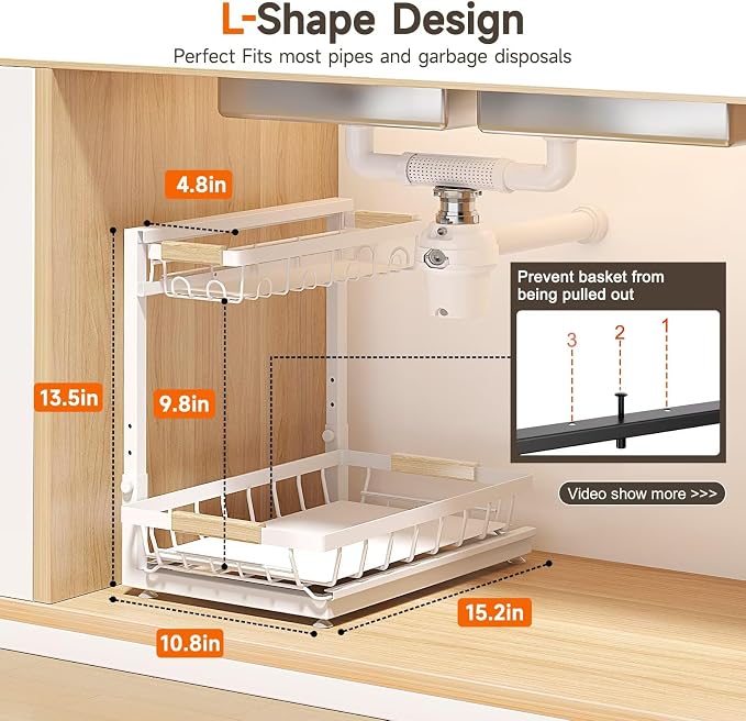 2-Pack 2-Tier Height Adjustable Under Sink Organizer & Storage | Multi-purpose storage for kitchen & bathroom cabinet. Extra Large white shelf, height adjustable design for space-saving.