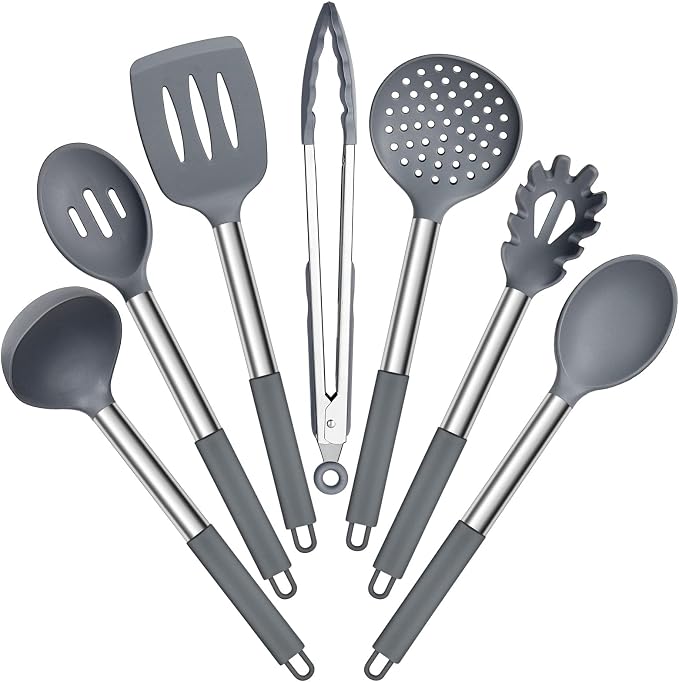 E-far Silicone Cooking Utensils Set, 7-Piece Gray Kitchen Utensils Set | Heat Resistant Nonstick Cookware with Stainless Steel Handle, Slotted Turner, Spoon, Soup Ladle, Pasta Server, Skimmer, Tongs