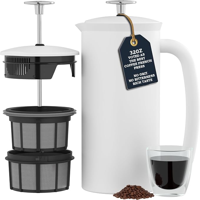 ESPRO P7 French Press, 32oz, Matte White, Stainless Steel Coffee Maker | Double Filter Coffee Press, Grit-Free Coffee, Heat Resistant Insulated tea Press, Easy Hot and Cold Coffee Brewer, Tea Brewer