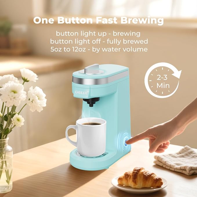 CHULUX Mini Coffee Maker for K Capsule, Single Serve Coffee Maker for One Cup Americano, Lightweight Pod Coffee Machine, Aqua | Fast-Heating Boiler System, Single Cup Brewing, Portable Compact Design, Four-Hole Multi-Stream Needle, Adjustable Drip Tray