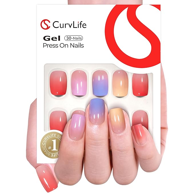 CurvLife Short Square Press On Nails, Candy Colours Design Nails,Soft Gel | 32PCS, 16 Sizes, Salon-Quality Natural Fake Nails, Curved Fit, 7-14 Day Glue-On Wear, Reusable Stick-On Nails, Press-On Kit