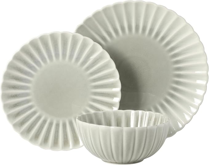 Gibson Elite Peach Orchard 12-Piece New Bone China Dinnerware Set Service for 4, Embossed Fluted Plates and Bowls, Dishwasher and Microwave Safe, Sage Green