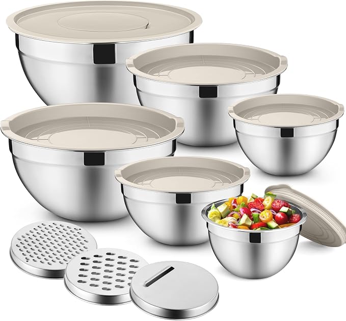 P&P CHEF Mixing Bowls with Lids Set of 6, Nesting Salad Bowl, Khaki | Stainless Steel Bowl & 3 Grater Attachments & Plastic Lid, For Prepping Baking Storing, Sizes with 4.6/2.6/2/1.5/1/0.7 QT