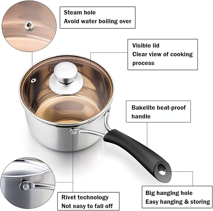 P&P CHEF 2 Quart Sauce Pan With Lid, Small Pot Saucepan for Milk, 1 Pc | Stainless Steel Saucepan, Small Sauce Pot for Cooking, Visible Glass Lid & Bakelite Heat-Proof Handles,Dishwasher Safe