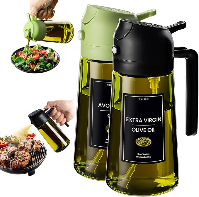 CXINYI - 16oz/470ml Olive Oil Dispenser for Kitchen with Stickers - 2 in 1 Olive Oil Sprayer for Cooking, Air Fryer, and Salad, Black&Green (Light-Proof Kitchen Gadget)
