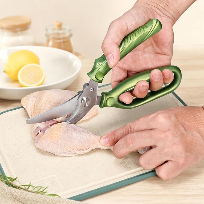 CHEN-KE Rust Resistant Heavy Duty Multipurpose Kitchen Shears-Green | Stainless Steel Kitchen Scissors, One-Hand, Ergonomic Grip, Sharp Durable Poultry Scissors for Chicken, Meat, Food Cutting