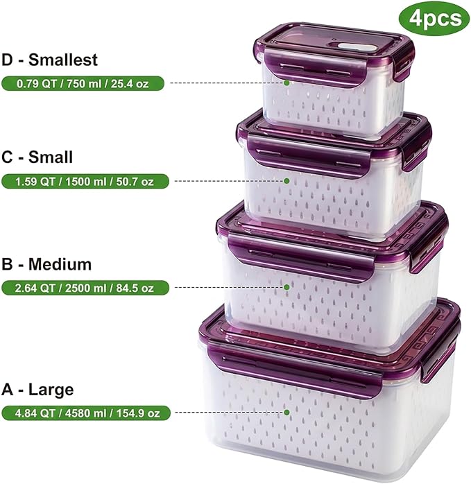 Fruit Storage Containers for Fridge with Removable Colander, Food Storage Containers with Lids, Dishwasher & Microwave Safe, Keep Berry Fruit Vegetable Meat Fresh Longer (Clear Body/Purple Lid)