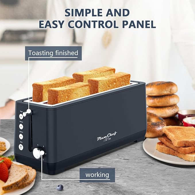 Plum chef 4-Slice Toaster, Extra Wide Long Slot Toaster, 6 Browning Settings, Bagel/Defrost/Reheat Functions, Removable Crumb Tray, Stainless Steel Housing 1350W，Black