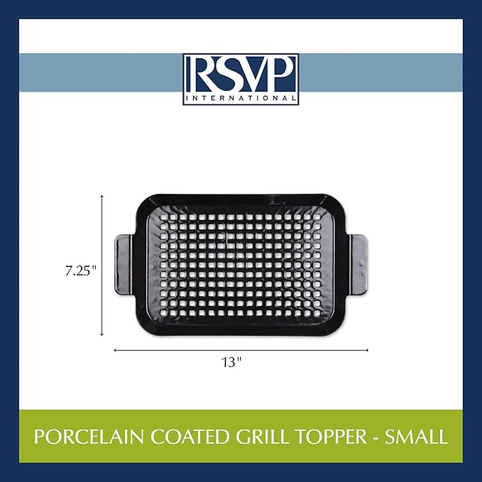 RSVP International Porcelain Coated Steel BBQ Grill Tray/Pan, Outdoor Barbeque Grilling Accessories for Cooking Fish & Vegetables, Dishwasher Safe, Small, 13x7.25"