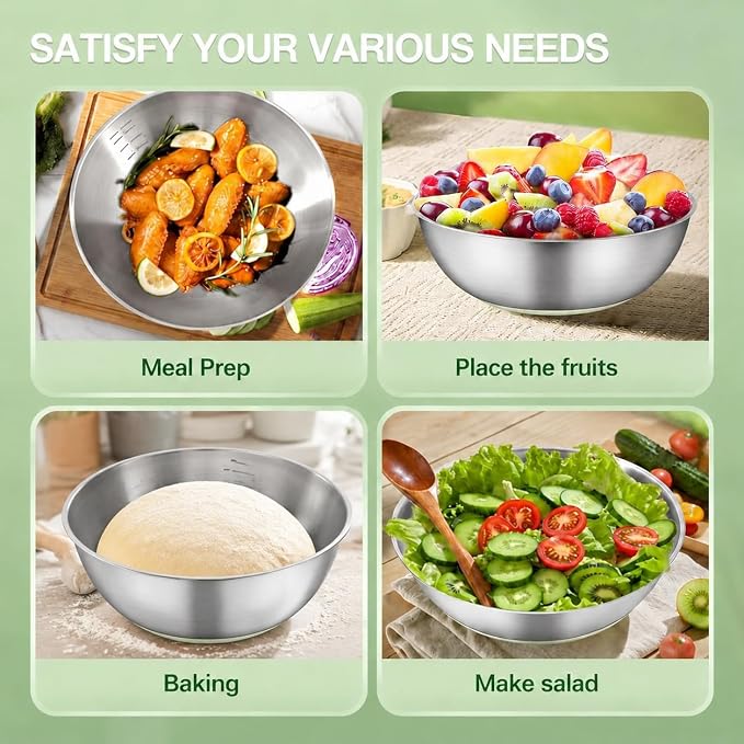 GIUOIDUO Stainless Steel Mixing Bowls Set with Non-Slip Base, Set of 5 | 1.27/ 1.69/ 2.11/ 3.17/ 4.23QT Nesting Bowls, Dishwasher Safe Baking Bowls for Kitchen Baking, Meal Prep and Storage
