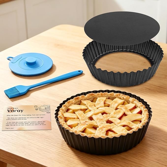 2 Pack 9.5 Inch Pie Pan with Removable Bottom for Baking Deep Quiche Dish | Deep Quiche Tart Pan Non Stick for Oven, Fluted Pie Dish Plate Tin for Apple, Pot Pies, Cheesecakes and Desserts Vnray
