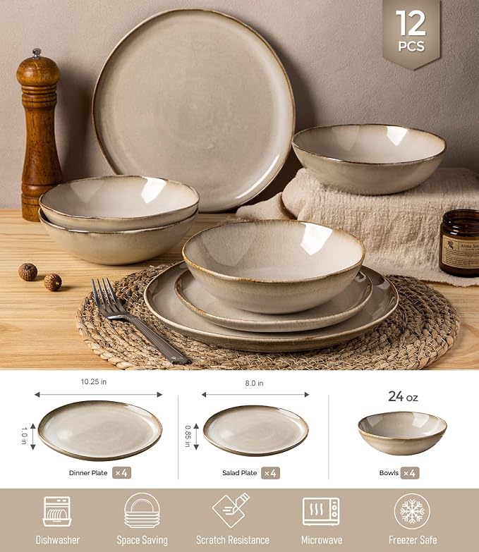 GBHOME Stoneware Dinnerware Sets for 4,12 Piece Rustic Plates and Bowls Set | Earthenware Handmade Reactive Glaze Plate Sets, Chip Resistant Ceramic Dishes, Microwave & Dishwasher Safe, Oatmeal Linen