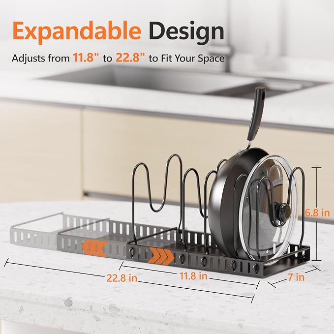 HzTinT 2 Pack Expandable Pots and Pans Organizer Under Cabinet, 24 Dividers | Pot Lid Organizer with Solid Steel Base, 23" Pan Organizers Inside Cabinet with Adjustable Dividers for Pots, Pans & Bakeware