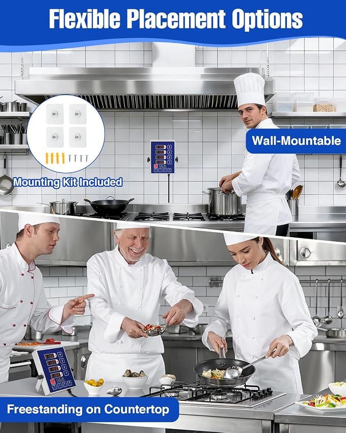 Commercial Kitchen Timer for Cooking, 4 Channel Timer Restaurant Kitchen Supplies, Heavy-Duty Timer - Stainless Steel | Digital LED Technology | Reminder Function | Loud Alarm