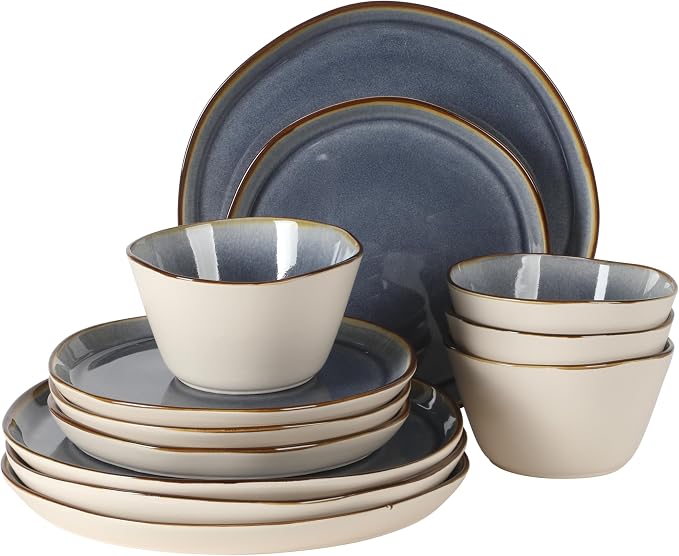 Gibson Elite Algeria River Plates and Bowls Sets, 12-Piece Stoneware Dinnerware Sets, Reactive Glaze Dish Set - Blue