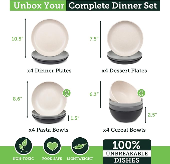 Grow Forward 16-piece Premium Wheat Straw Dinnerware Sets for 4 - Unbreakable Dishwasher & Microwave Safe Plastic Plates and Bowls Sets - Patio, Outdoors, RV, Camping Dishes - Moonlight