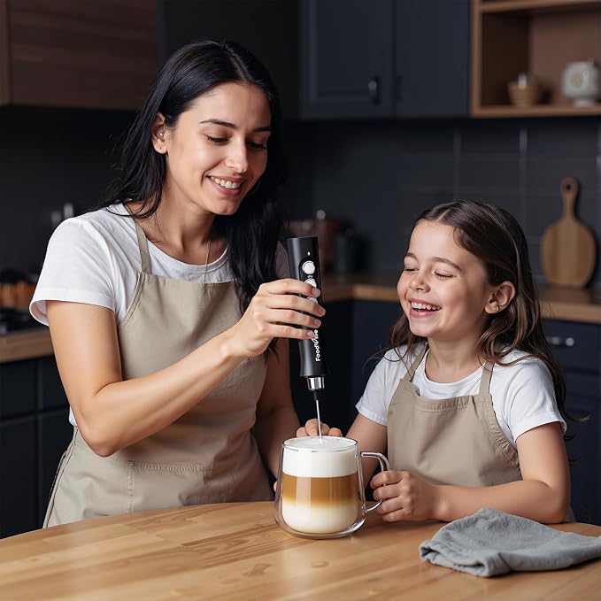 MF02 Rechargeable Milk Frother Handheld Foam Maker with Stainless Whisk for Cappuccino, Latte, Bulletproof Coffee, Keto Diet, Protein Powder, Matcha (Dark Black)