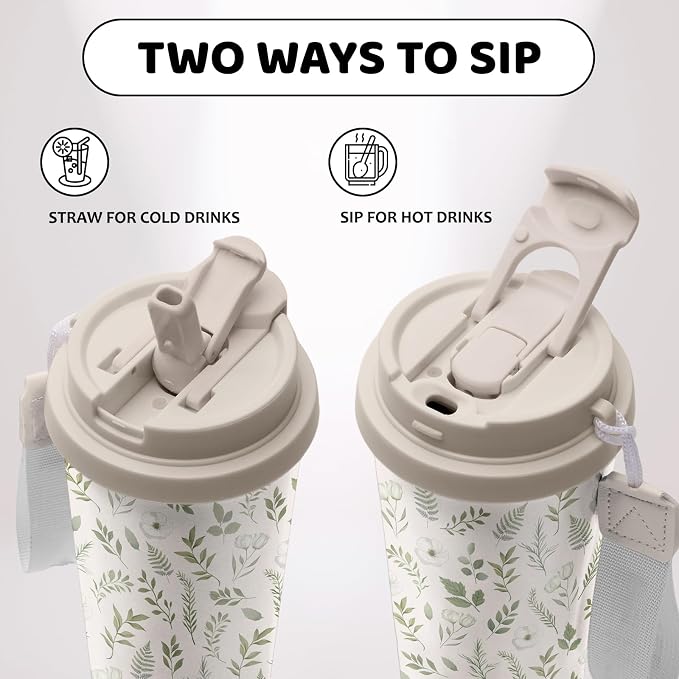 Plant Print Stainless Steel 2-in-1 Lid Coffee Tumbler 18 oz Garden Floral Insulated Travel Coffee Mug Plant Lovers Water Bottle for Women Men