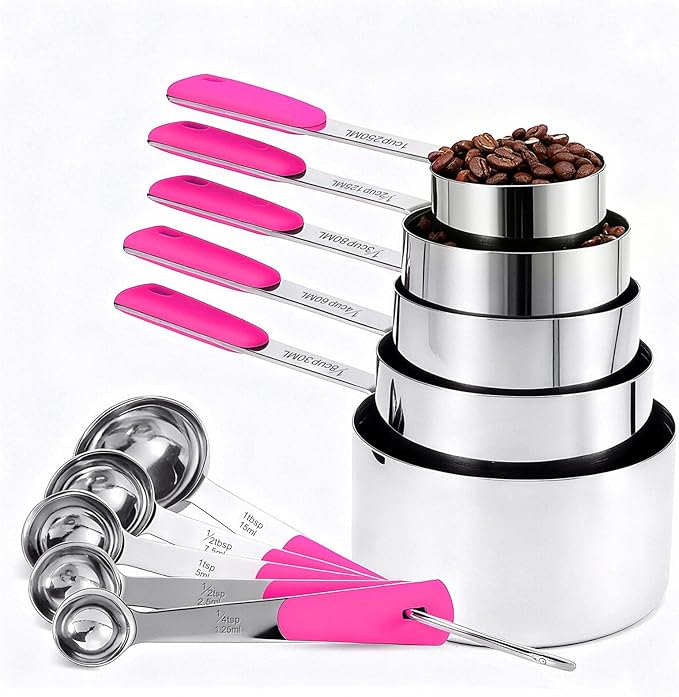 Bopei Measuring Cups and Spoons Set Stainless Steel 10 Piece for Cooking and Baking (5 Cups + 5 Spoons, Pink Handle)