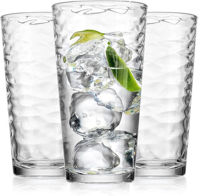 Glaver's Hammered Glass Cups. Cocktail Drinking Glasses Set of 6 Tall Kitchen Glasses, 17 oz Water Glassware For Bar, Juice, Beer, Iced Tea, Everyday Cordial Glasses Drinkware.