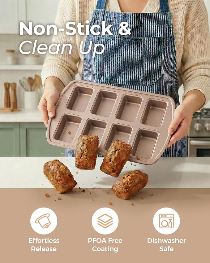 CARTMAN 2-Pack 8-Cavity Mini Loaf Pans, Carbon Steel Bread Pan Set, Gold | Includes spatula & brush, 0.6mm carbon steel, nonstick release, for banana bread, mini meatloaf, ideal for keto & meal prep