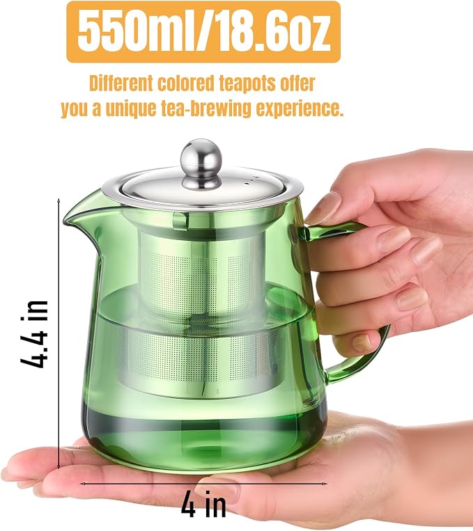 PARACITY Tea Kettle with Infuser, Glass Teapot Stovetop, 18.6 fl oz, 550 ml | (Green) Clear-glass tea maker with removable 18/8 steel infuser for blooming or loose leaf tea; made of borosilicate glass
