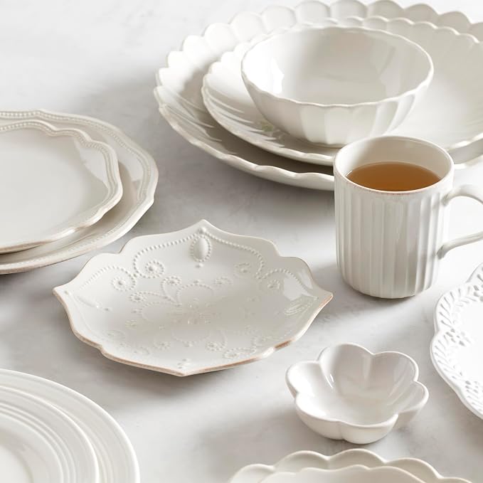 Lenox French Perle White Stoneware Dinnerware Set with All-Purpose Bowls | dishwasher safe, microwave safe | plates and bowls sets for kitchen and dining, dish set, dishes | 20oz