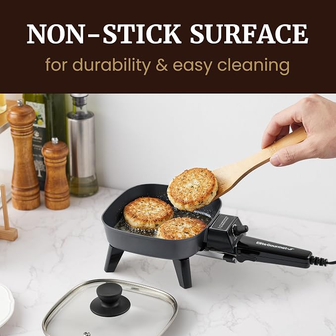 Elite Gourmet EFS059 Personal Compact Electric Skillet, 7" 600W, Black | Portable Cooker with Removable Handle, Nonstick Surface, Tempered Glass Lid, Adjustable Temperature, Rapid Heating