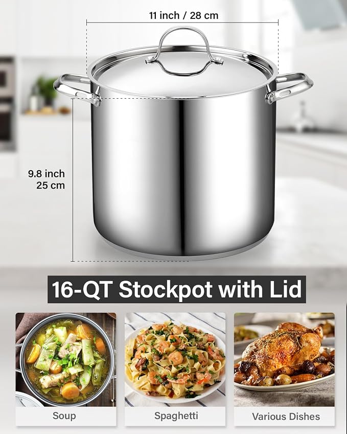 Cooks Standard Extra Large Soup Pot - Stainless Steel Induction Cookware | 16 Quart Stainless Steel Stock Pot with Lid, Heavy Duty Deep Pot for Soups, Pasta, Canning Bath, and Big Family Feasts