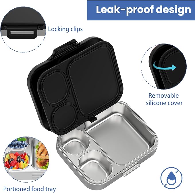 Pawtong Stainless Steel Bento Lunch Box for Kids | 3-Compartment Lunch Box Container Kids | 100% Leakproof, Eco-Friendly, Perfect Portion Control for Kids&Adult Healthy Meals (Black)
